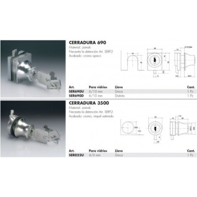 Cerradura para vitrina abatible cierre a vidrio de zamak