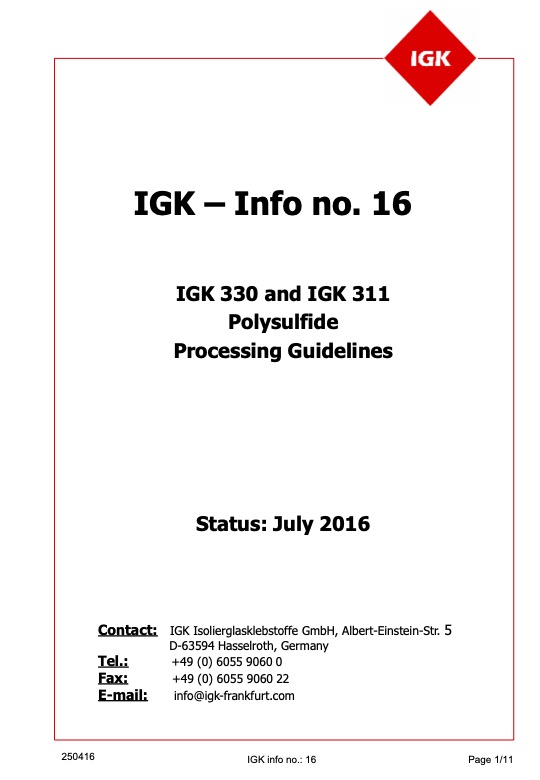 Portada para la descarga del manual de aplicación del polisulfuro IGK 311 y 330, sellante de segunda barrera para unidades de vidrio aislante. Distecglass, distribuidor oficial