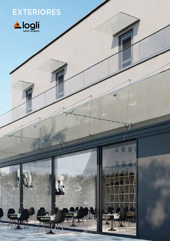 Portada para descarga del catálogo de herrajes para vidrio en exteriores: Marquesinas de vidrio y mucho más. Distecglass distribuidor oficial de Logli Saint-Gobain