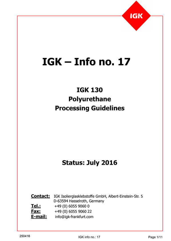Portada para la descarga del manual de aplicación del poliuretano IGK 130 como sellante de segunda barrera en unidades de vidrio aislante. Distecglass es distribuidor oficial de IGK